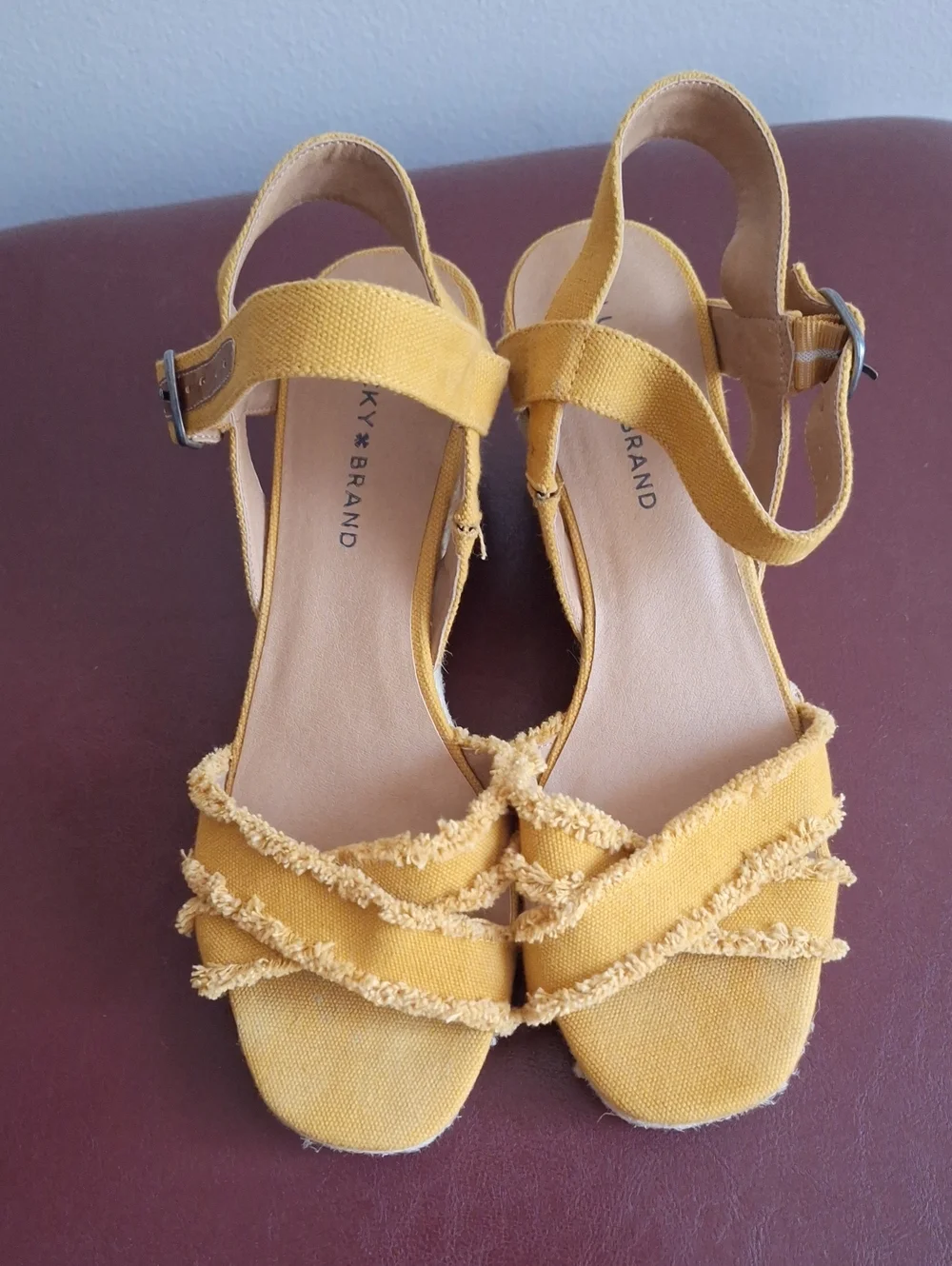 Lucky Brand Yellow Strappy Wedge Sandals - Canvas Frayed Trim